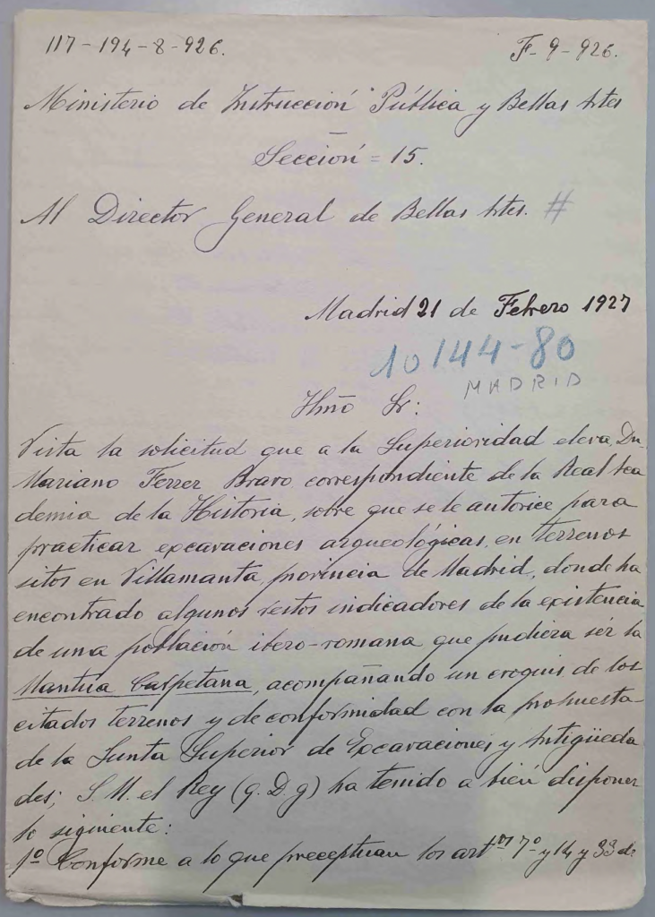 Primera página de la Real Orden de 21 de febrero de 1927 autorizando excavaciones arqueológicas en Villamanta a Mariano Ferrer Bravo.
