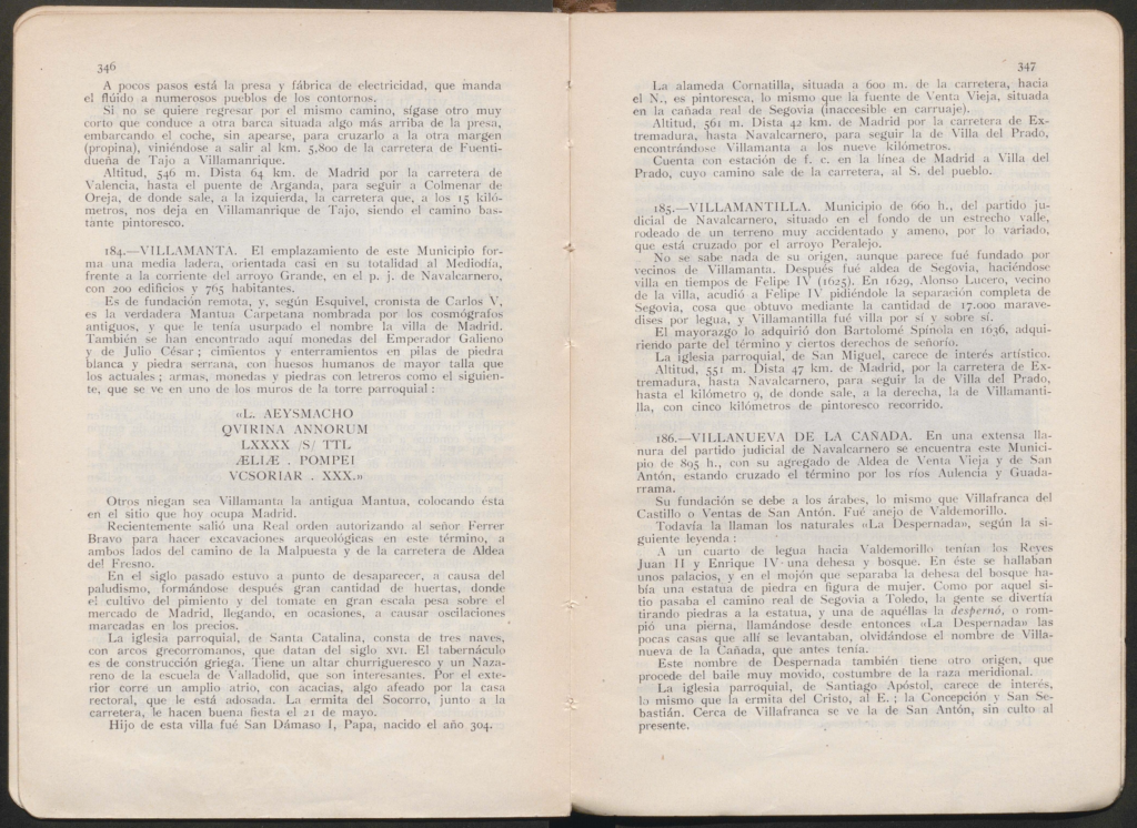 Doble página del libro El turismo en la provincia de Madrid (1928) con la entrada “Villamanta” y la mención a la Real orden que autoriza excavaciones por Ferrer Bravo.
