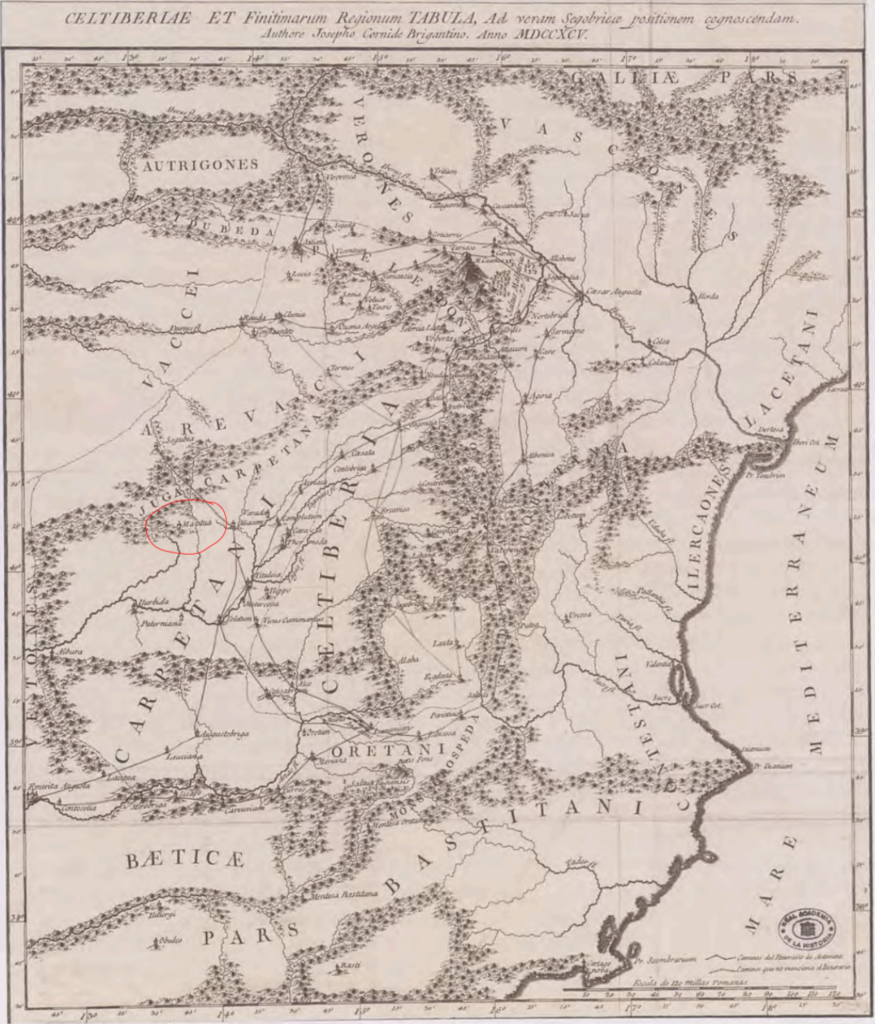 Mapa histórico del territorio carpetano y de la red viaria romana, con el entorno de Villamanta señalado.